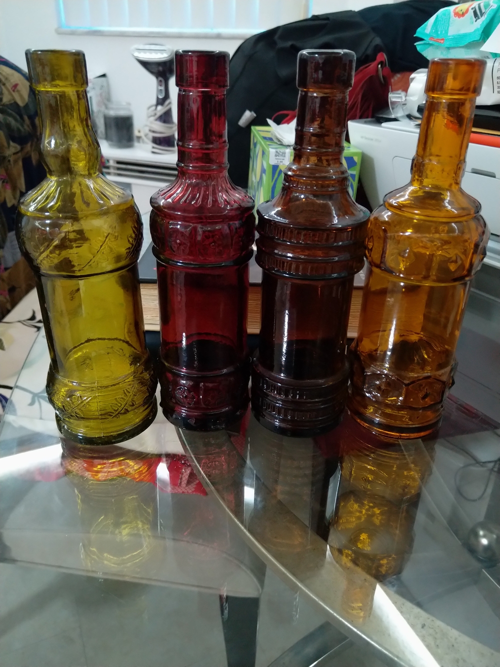 Vintage-Style Glass Bottle Vases in Green, Red, Brown, and Amber